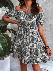 Off-Shoulder Printed Smocked Mini Dress.