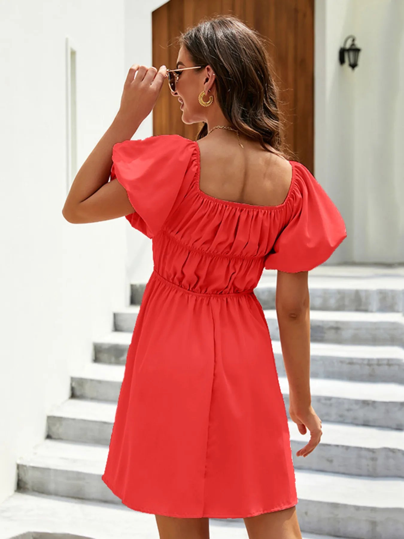 Off-Shoulder Puff Sleeve Mini Dress.