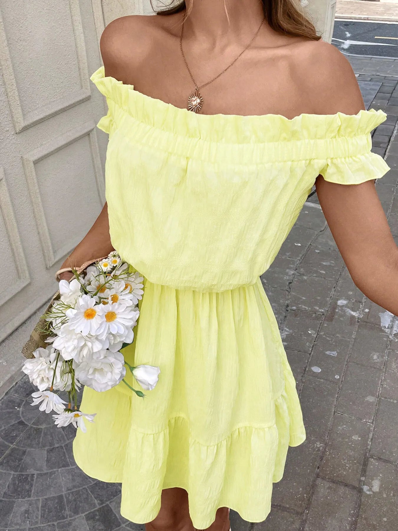 Off-Shoulder Ruffle Hem Summer Dress.
