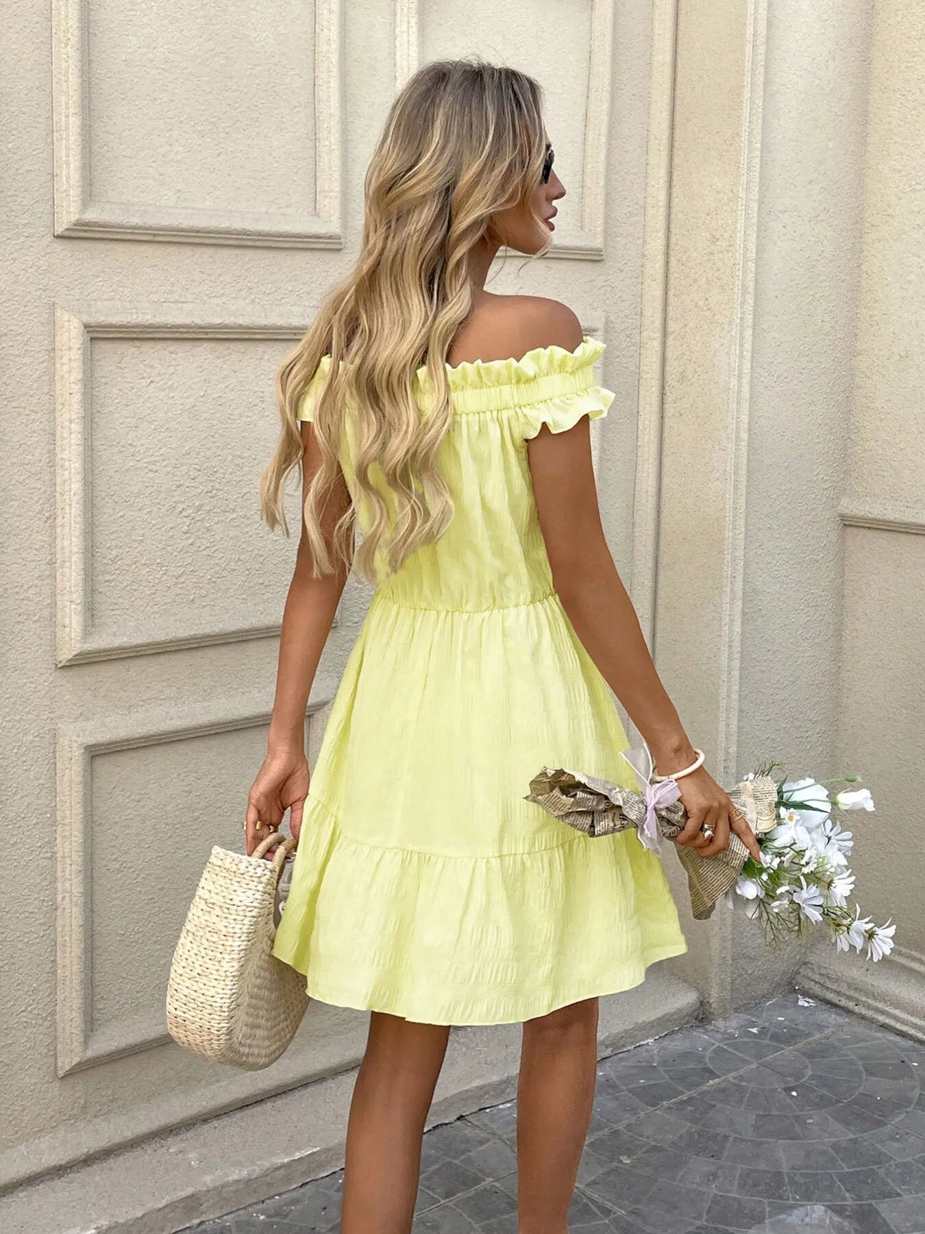 Off-Shoulder Ruffle Hem Summer Dress.