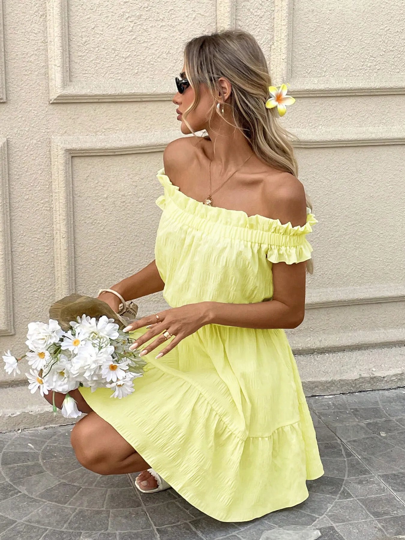 Off-Shoulder Ruffle Hem Summer Dress.