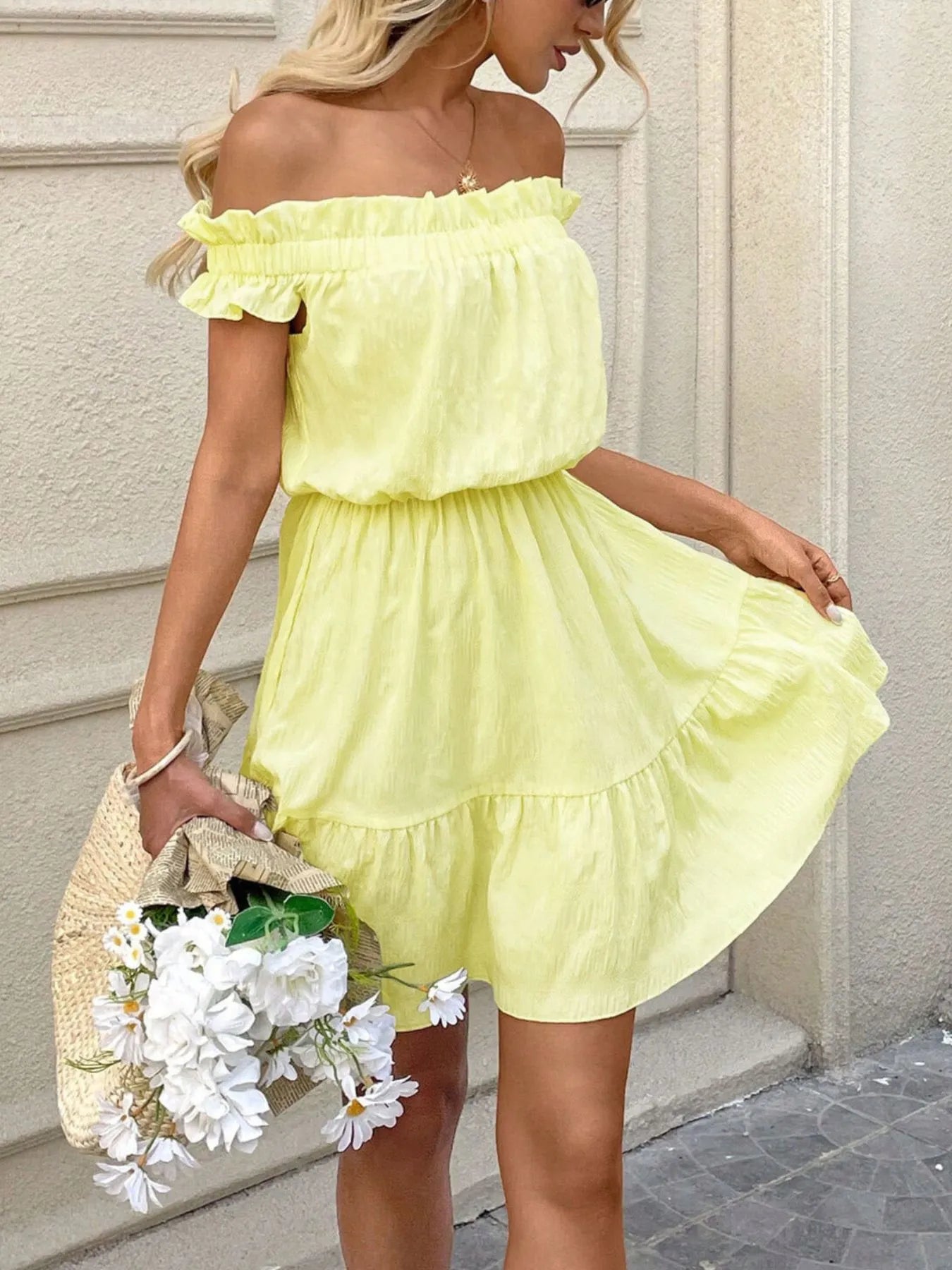 Off-Shoulder Ruffle Hem Summer Dress.