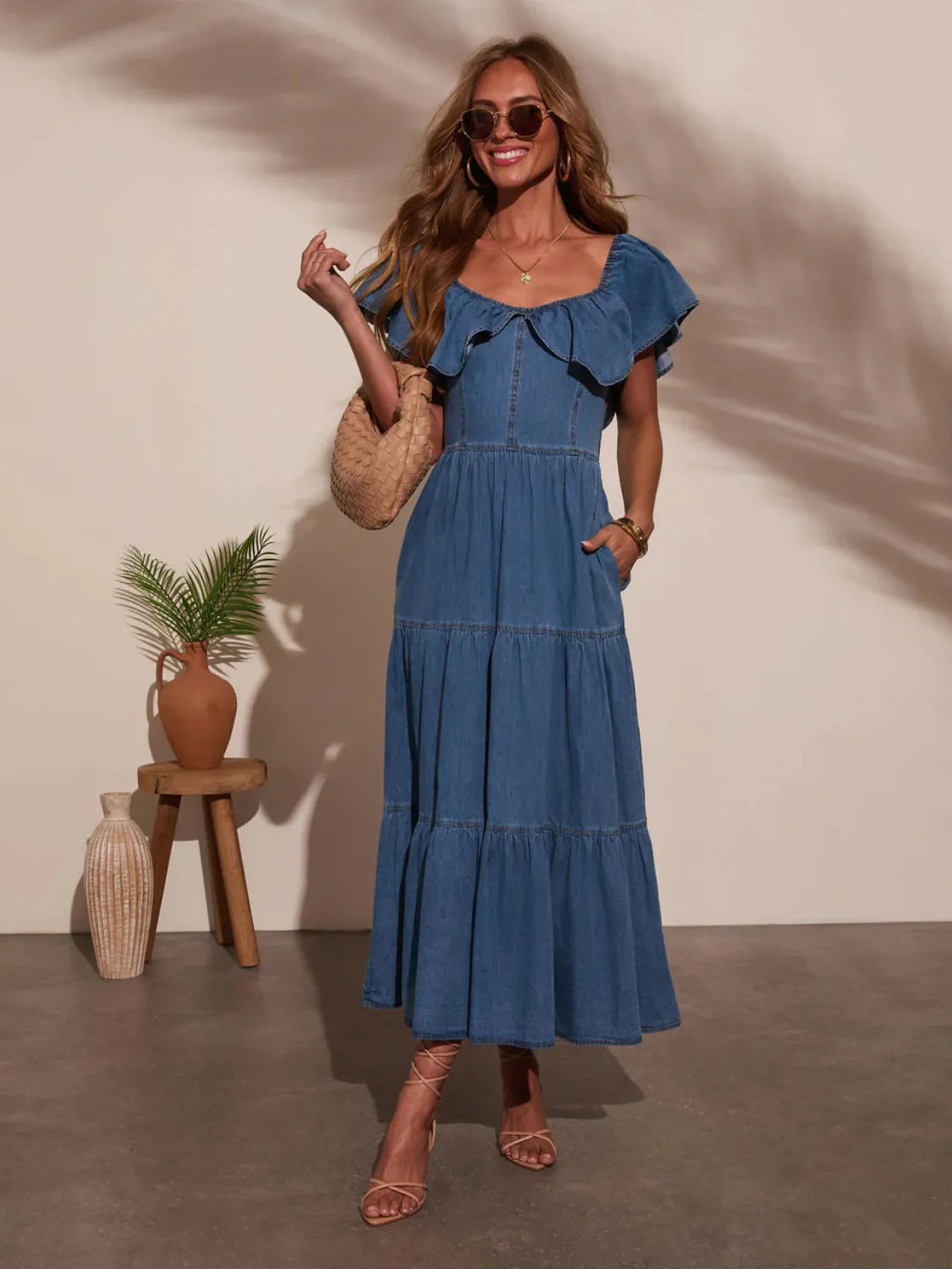 Off Shoulder Ruffle Tiered Denim Dress.