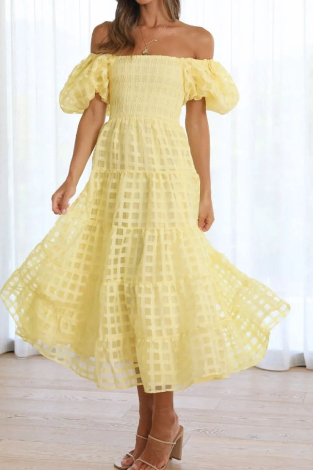 Off Shoulder Short Puff Sleeve Midi Dress.