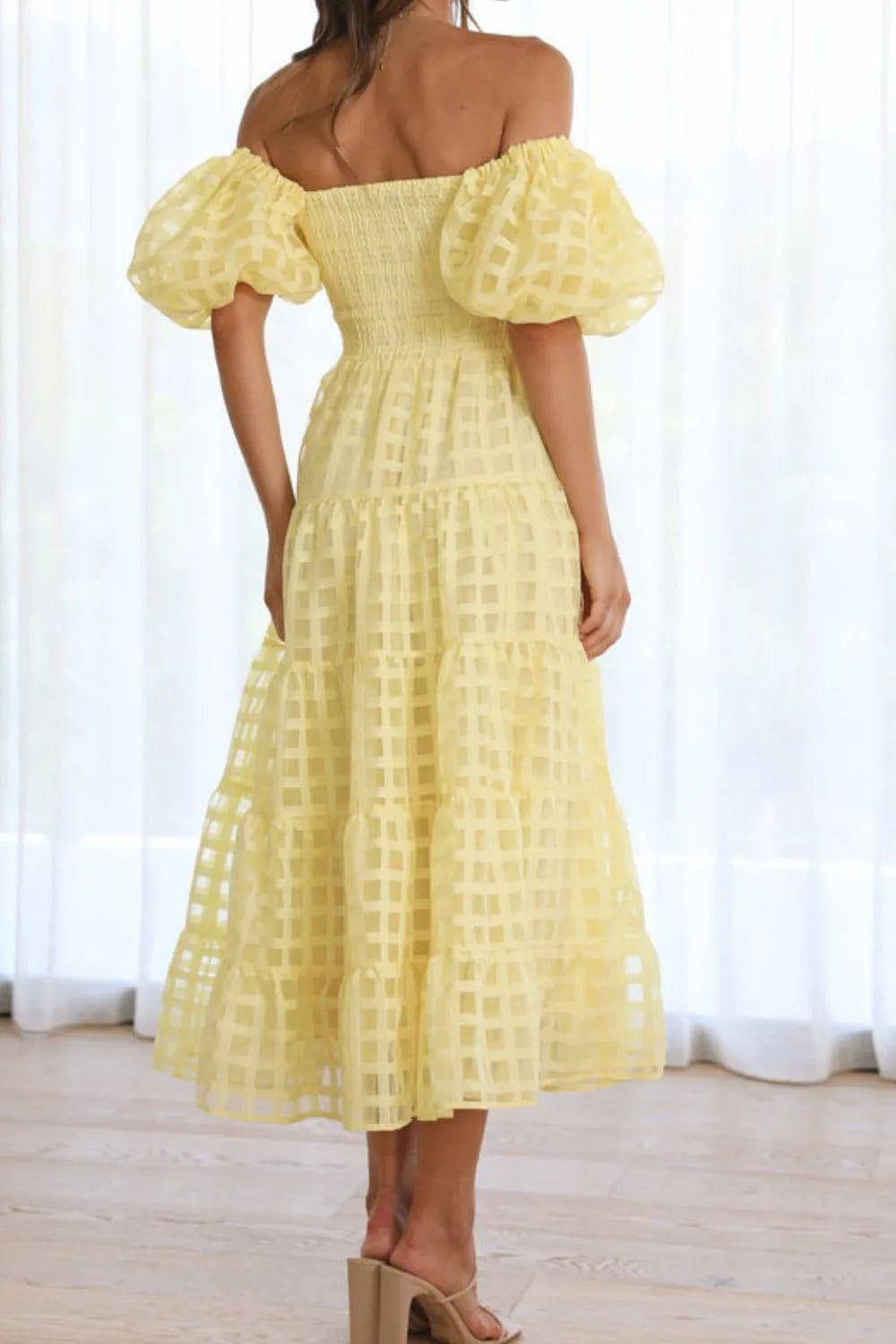 Off Shoulder Short Puff Sleeve Midi Dress.