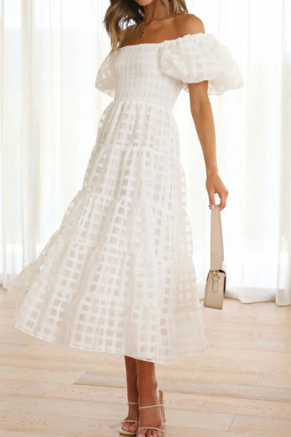 Off Shoulder Short Puff Sleeve Midi Dress.