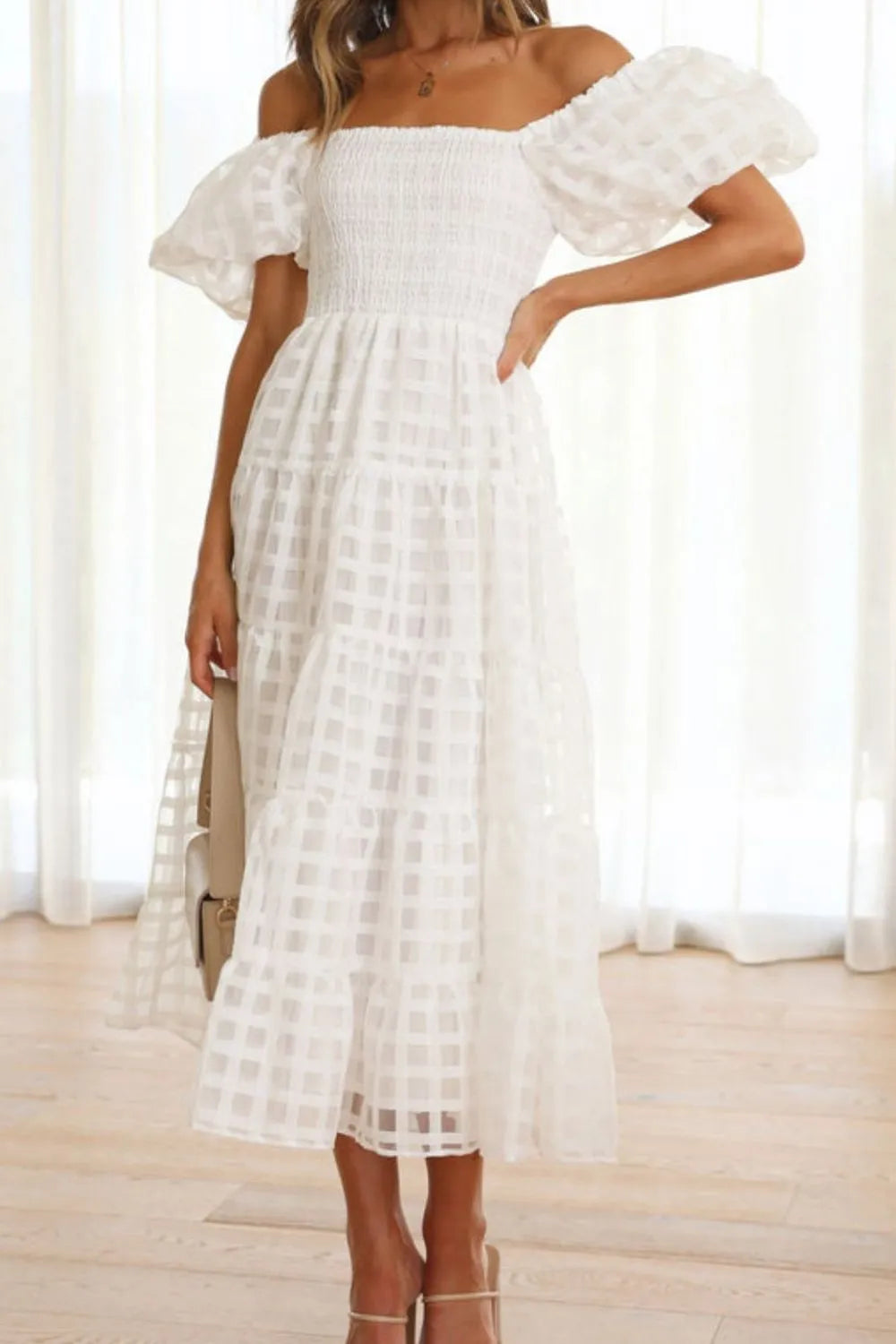 Off Shoulder Short Puff Sleeve Midi Dress.