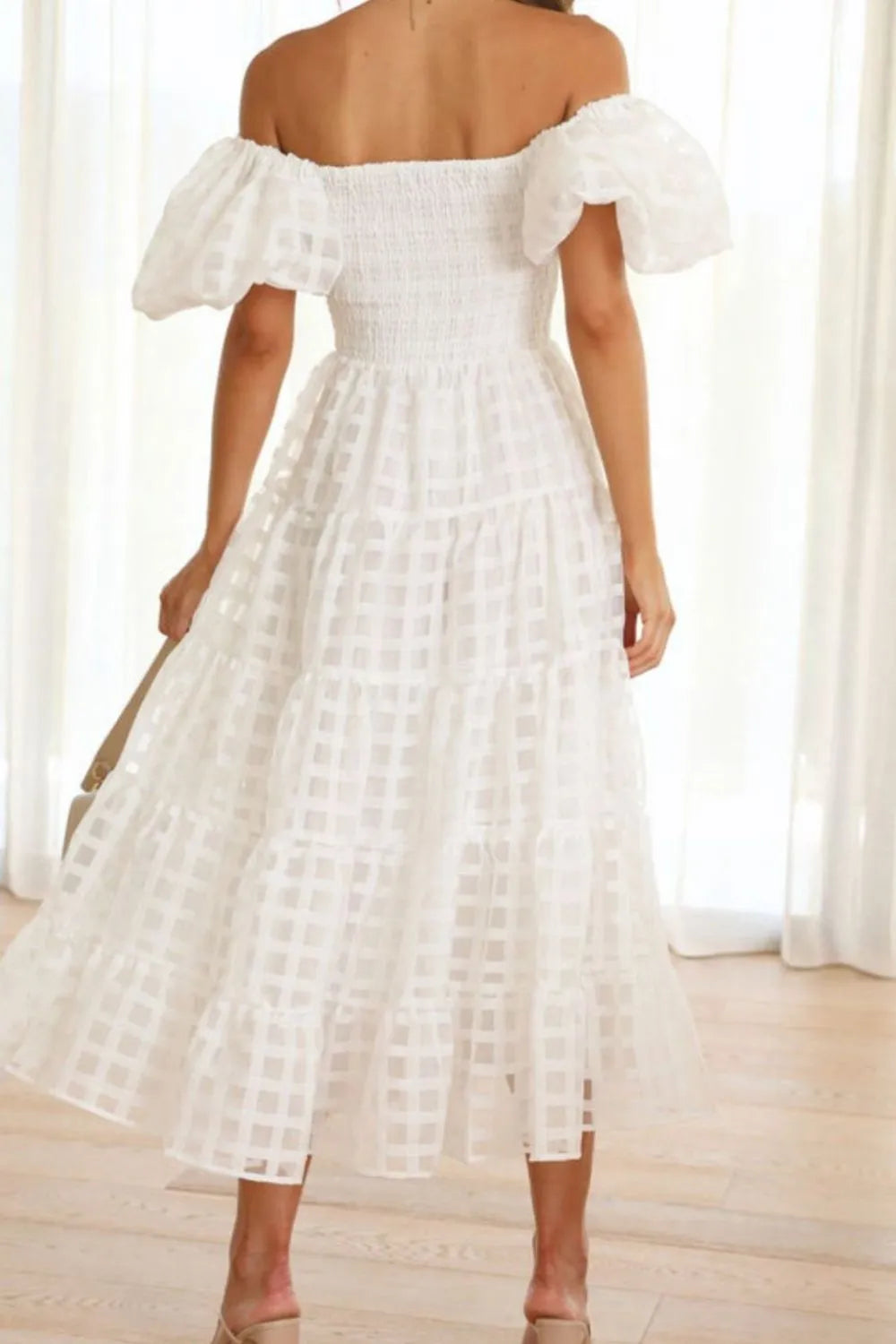 Off Shoulder Short Puff Sleeve Midi Dress.