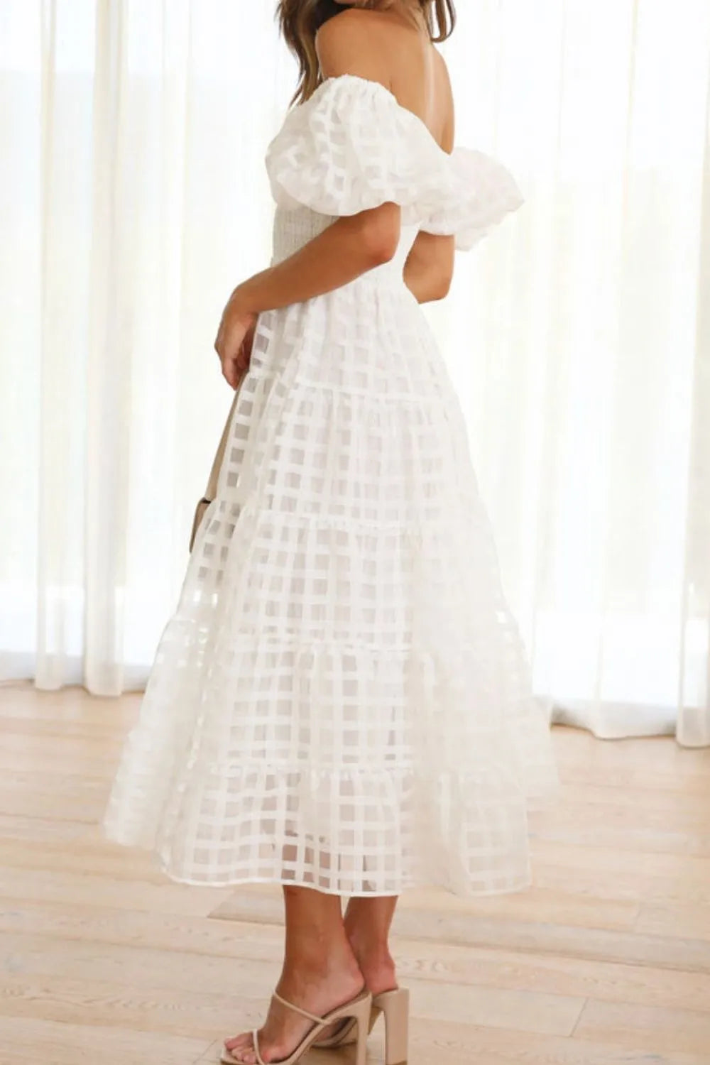 Off Shoulder Short Puff Sleeve Midi Dress.