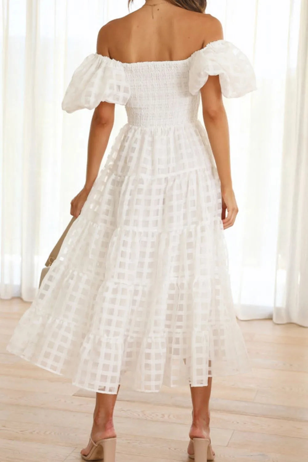 Off Shoulder Short Puff Sleeve Midi Dress.