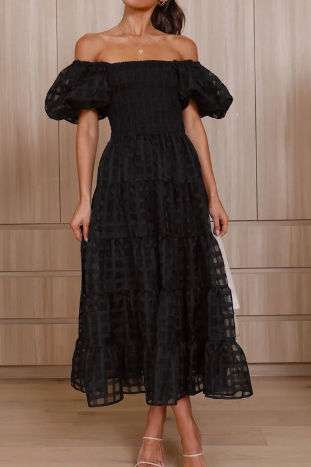 Off Shoulder Short Puff Sleeve Midi Dress.