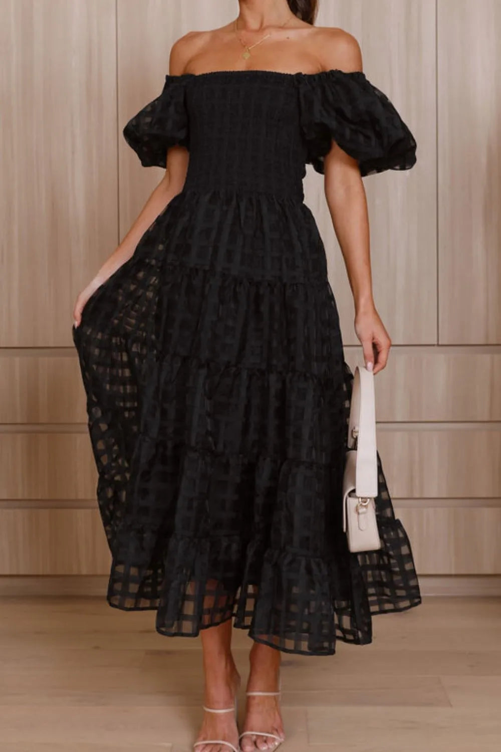 Off Shoulder Short Puff Sleeve Midi Dress.
