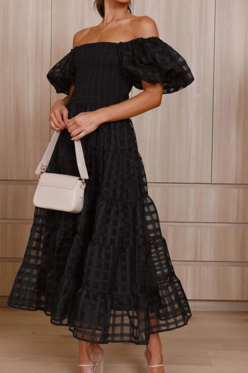 Off Shoulder Short Puff Sleeve Midi Dress.
