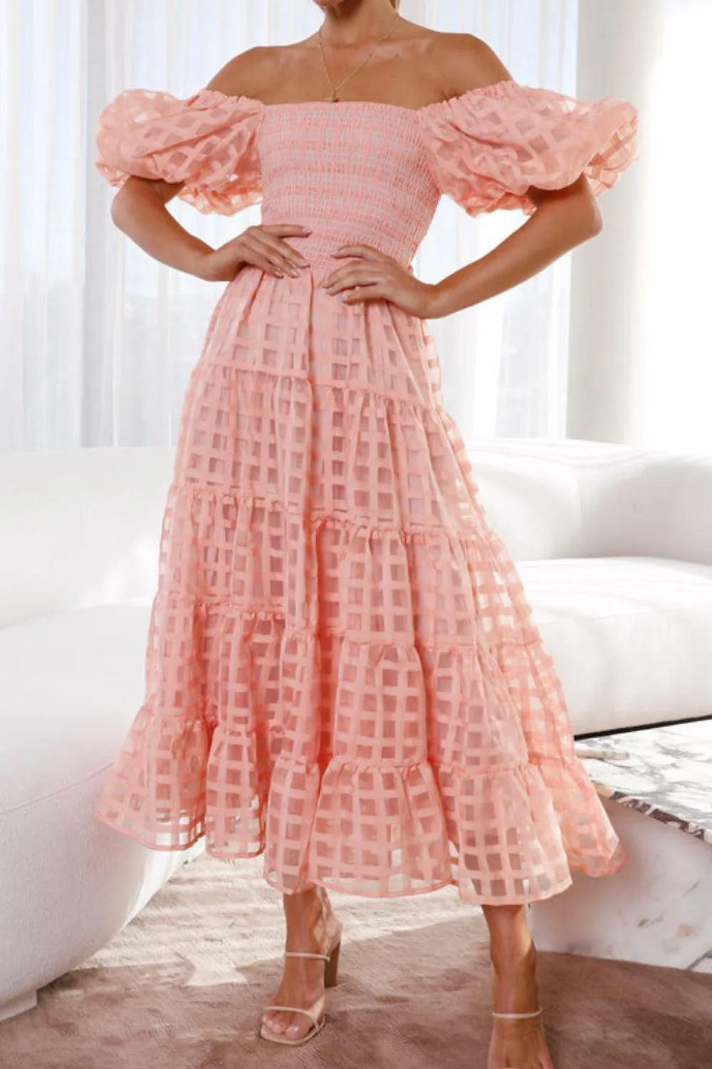 Off Shoulder Short Puff Sleeve Midi Dress.
