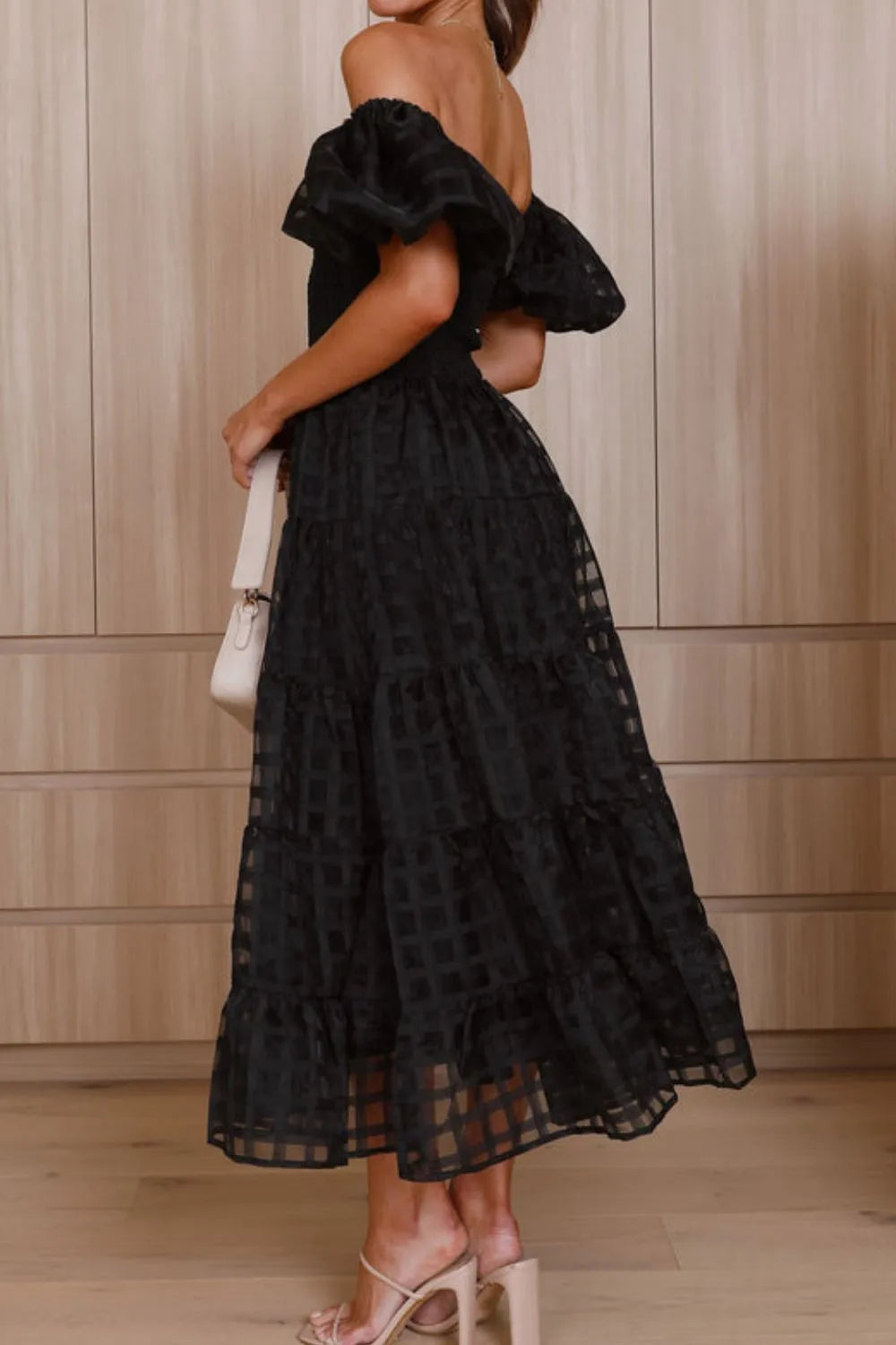 Off Shoulder Short Puff Sleeve Midi Dress.