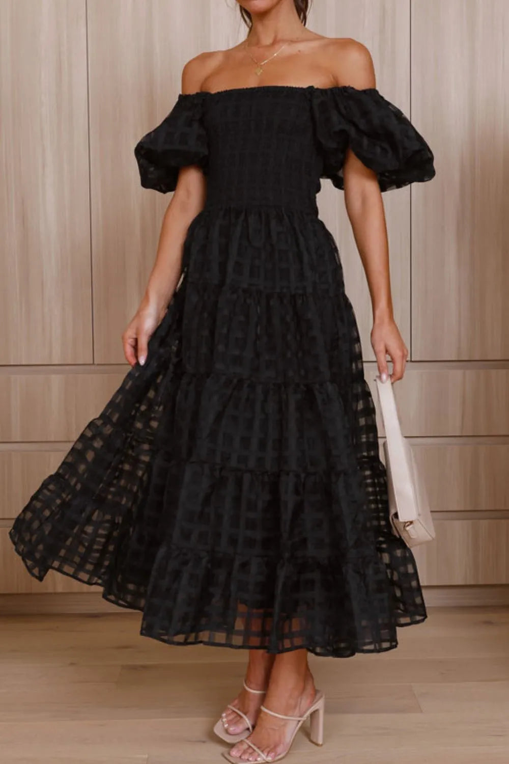 Off Shoulder Short Puff Sleeve Midi Dress.
