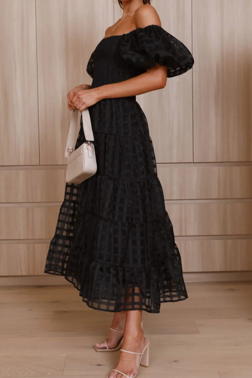 Off Shoulder Short Puff Sleeve Midi Dress.
