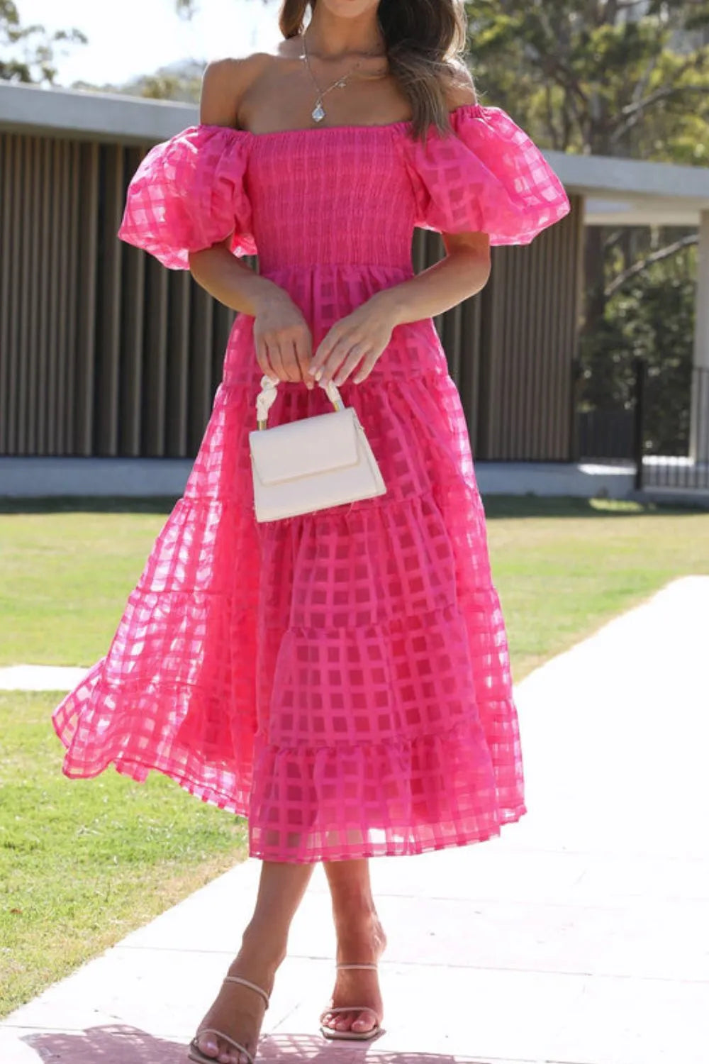 Off Shoulder Short Puff Sleeve Midi Dress.