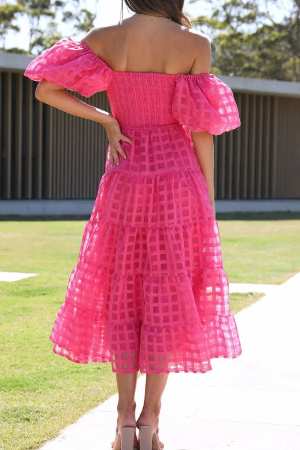 Off Shoulder Short Puff Sleeve Midi Dress.