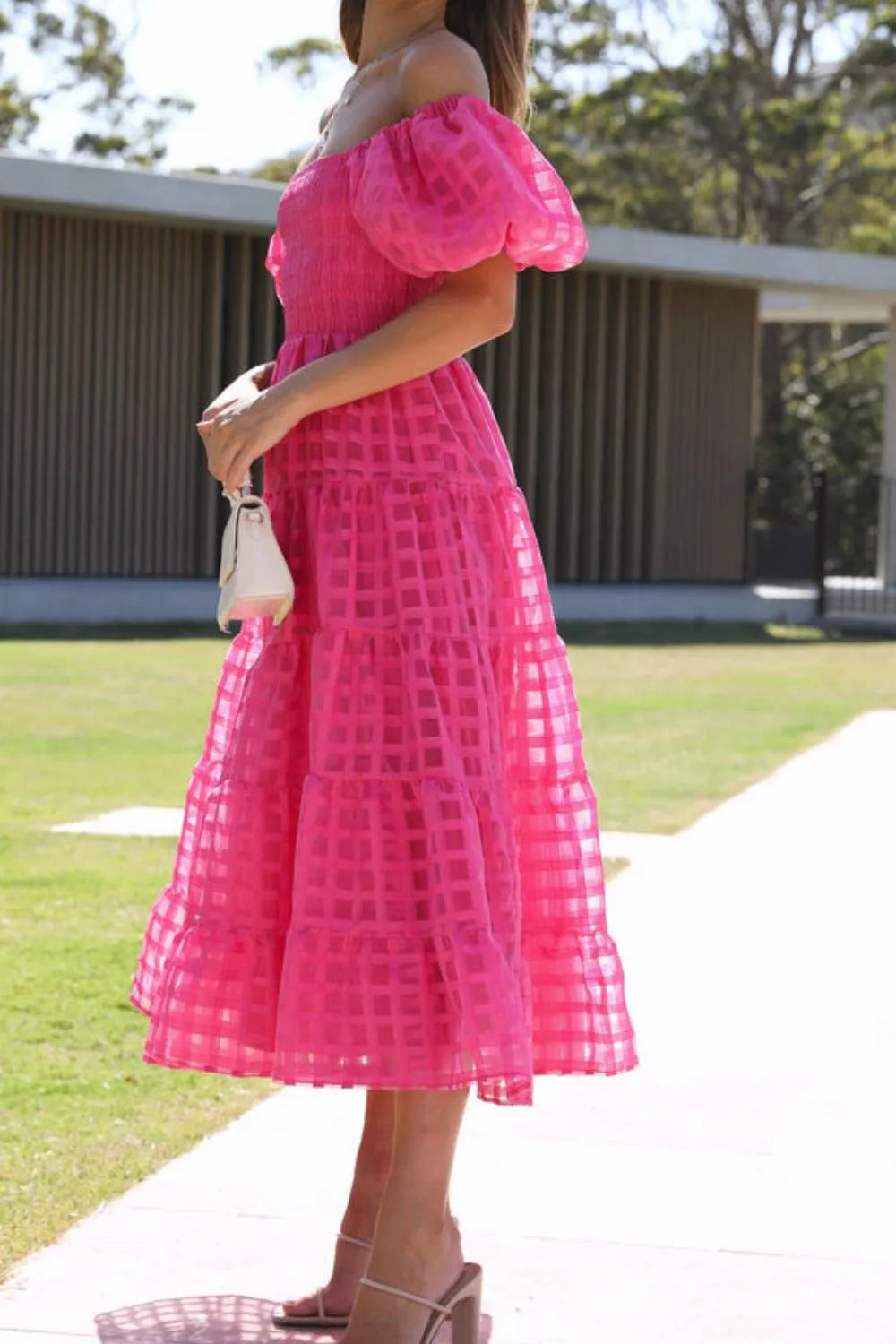 Off Shoulder Short Puff Sleeve Midi Dress.