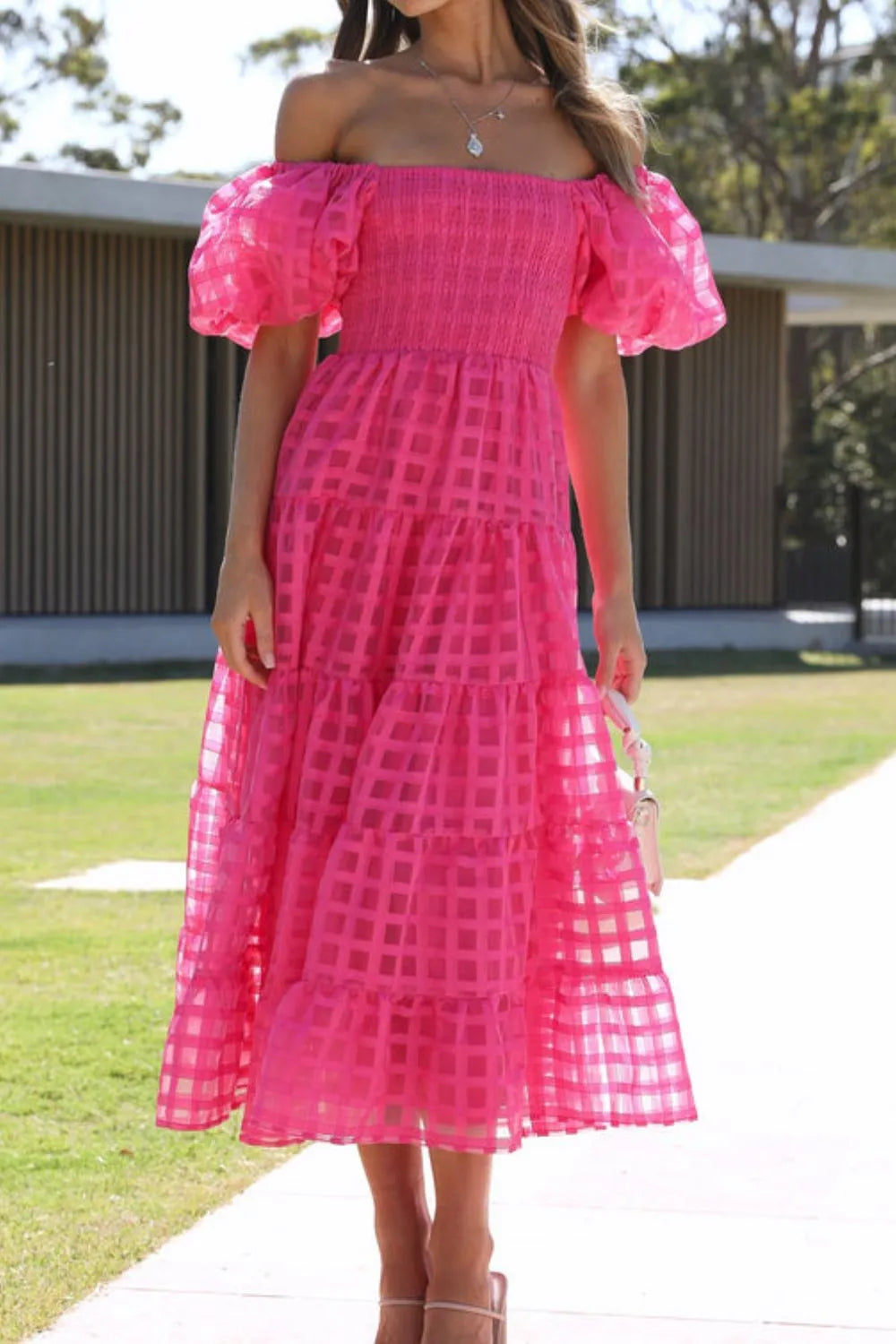 Off Shoulder Short Puff Sleeve Midi Dress.