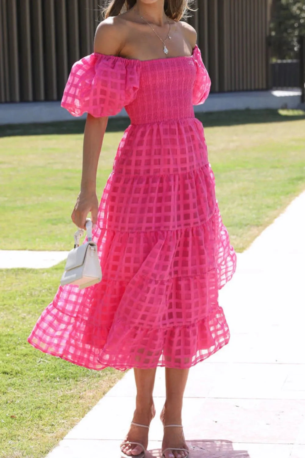 Off Shoulder Short Puff Sleeve Midi Dress.
