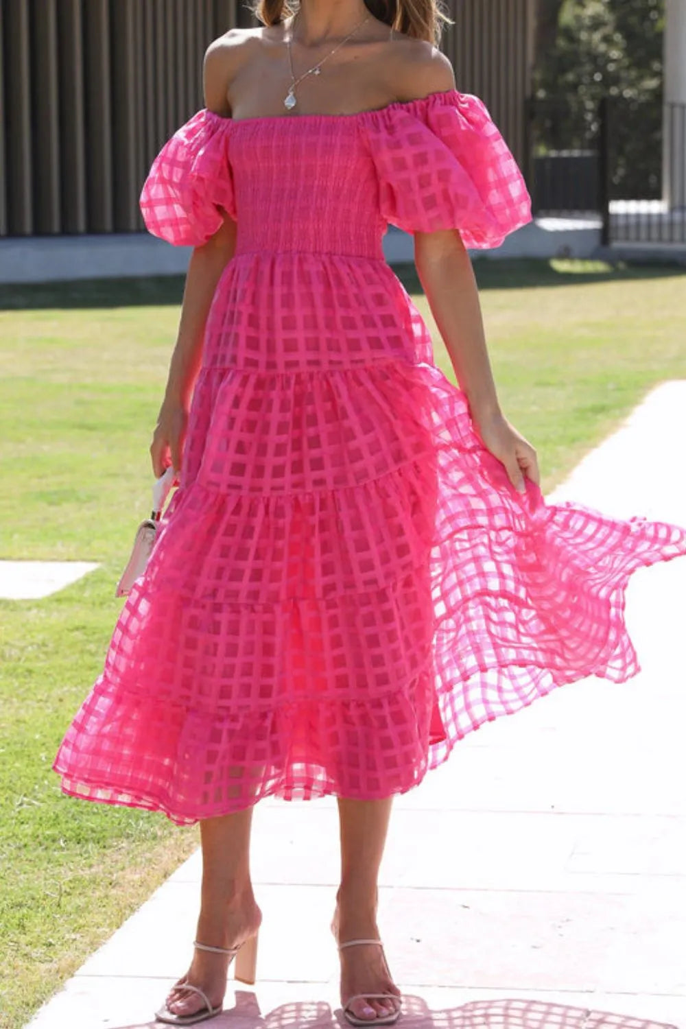 Off Shoulder Short Puff Sleeve Midi Dress.