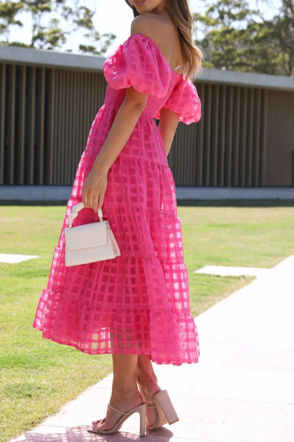 Off Shoulder Short Puff Sleeve Midi Dress.