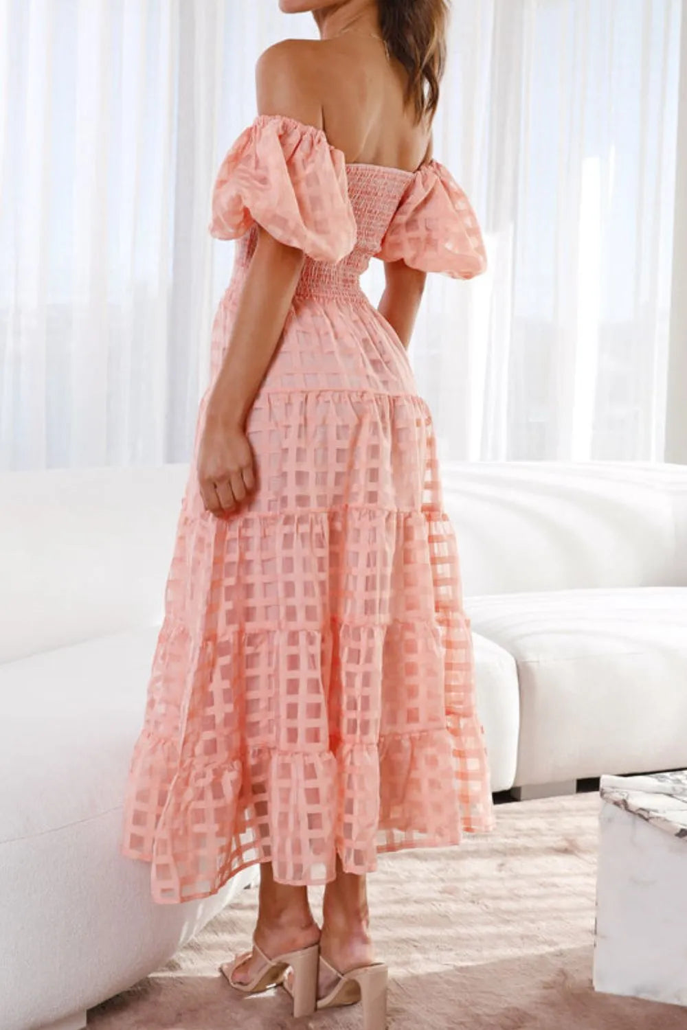 Off Shoulder Short Puff Sleeve Midi Dress.