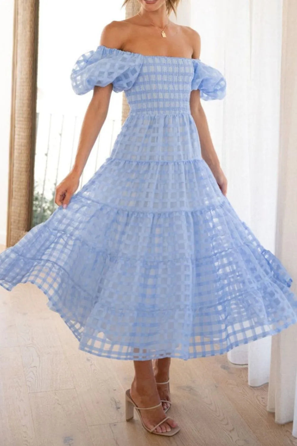 Off Shoulder Short Puff Sleeve Midi Dress.