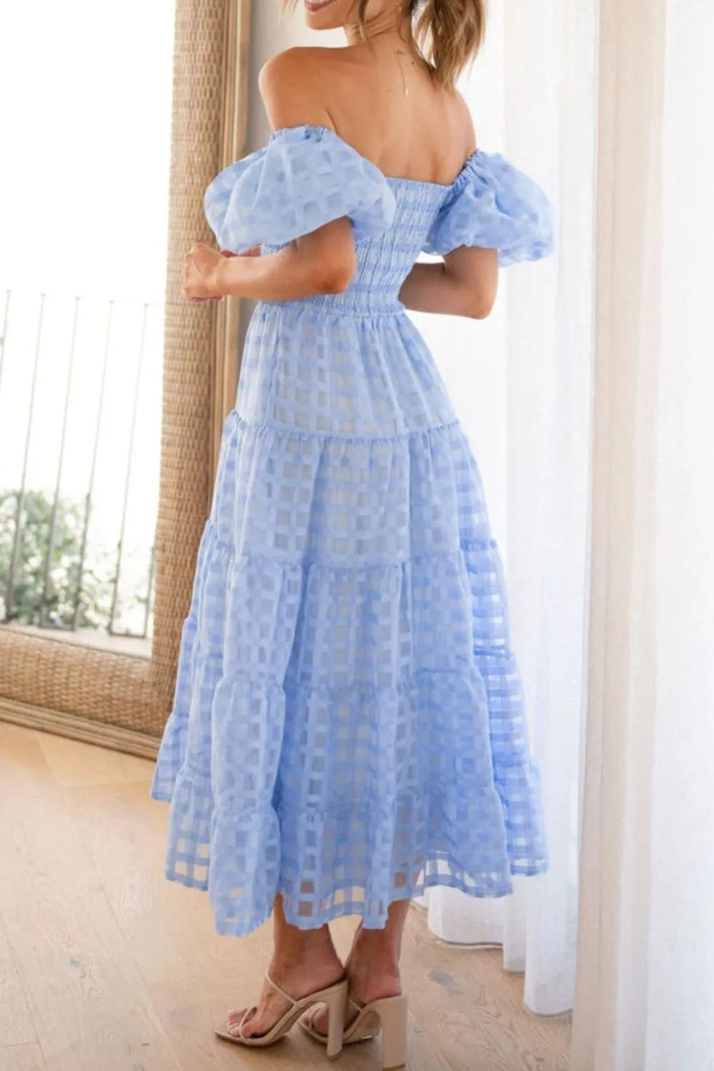 Off Shoulder Short Puff Sleeve Midi Dress.