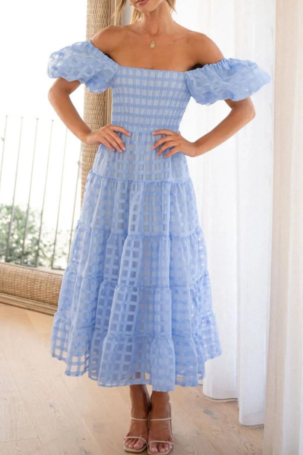 Off Shoulder Short Puff Sleeve Midi Dress.