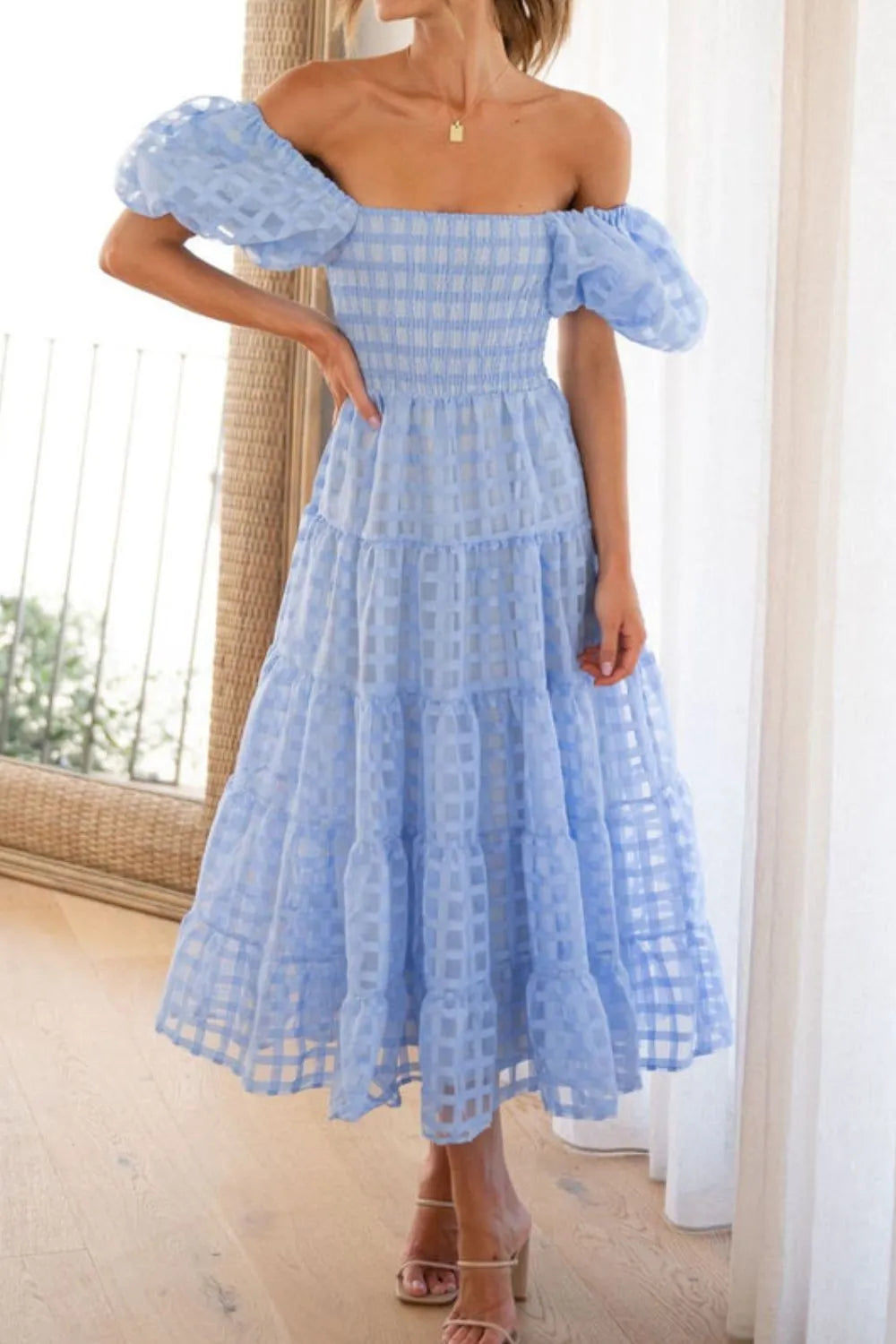 Off Shoulder Short Puff Sleeve Midi Dress.