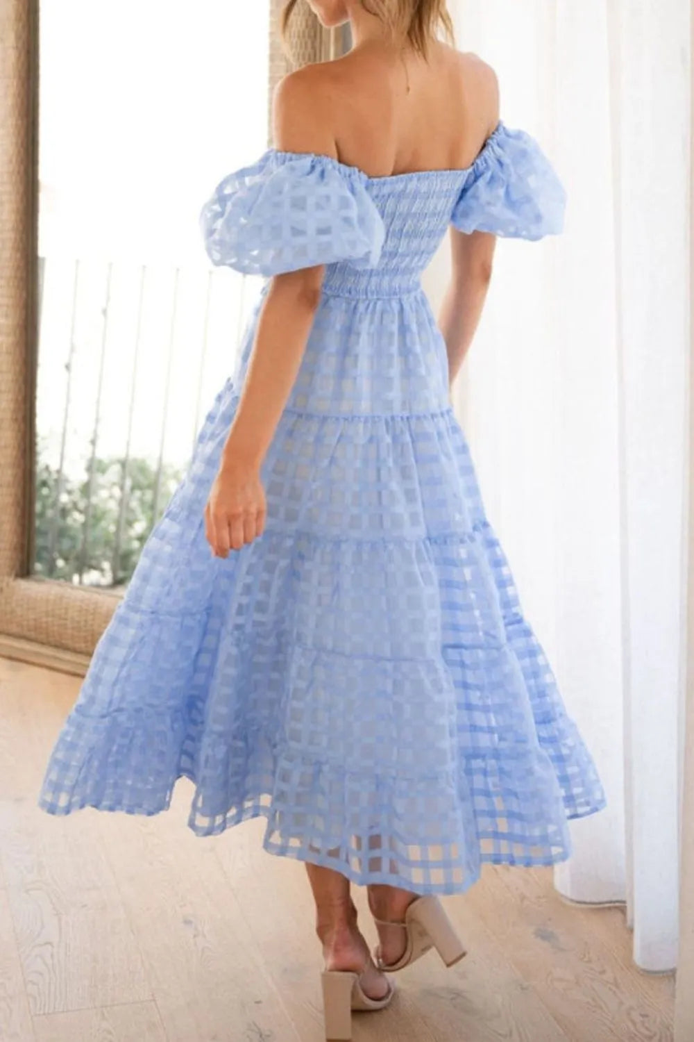 Off Shoulder Short Puff Sleeve Midi Dress.