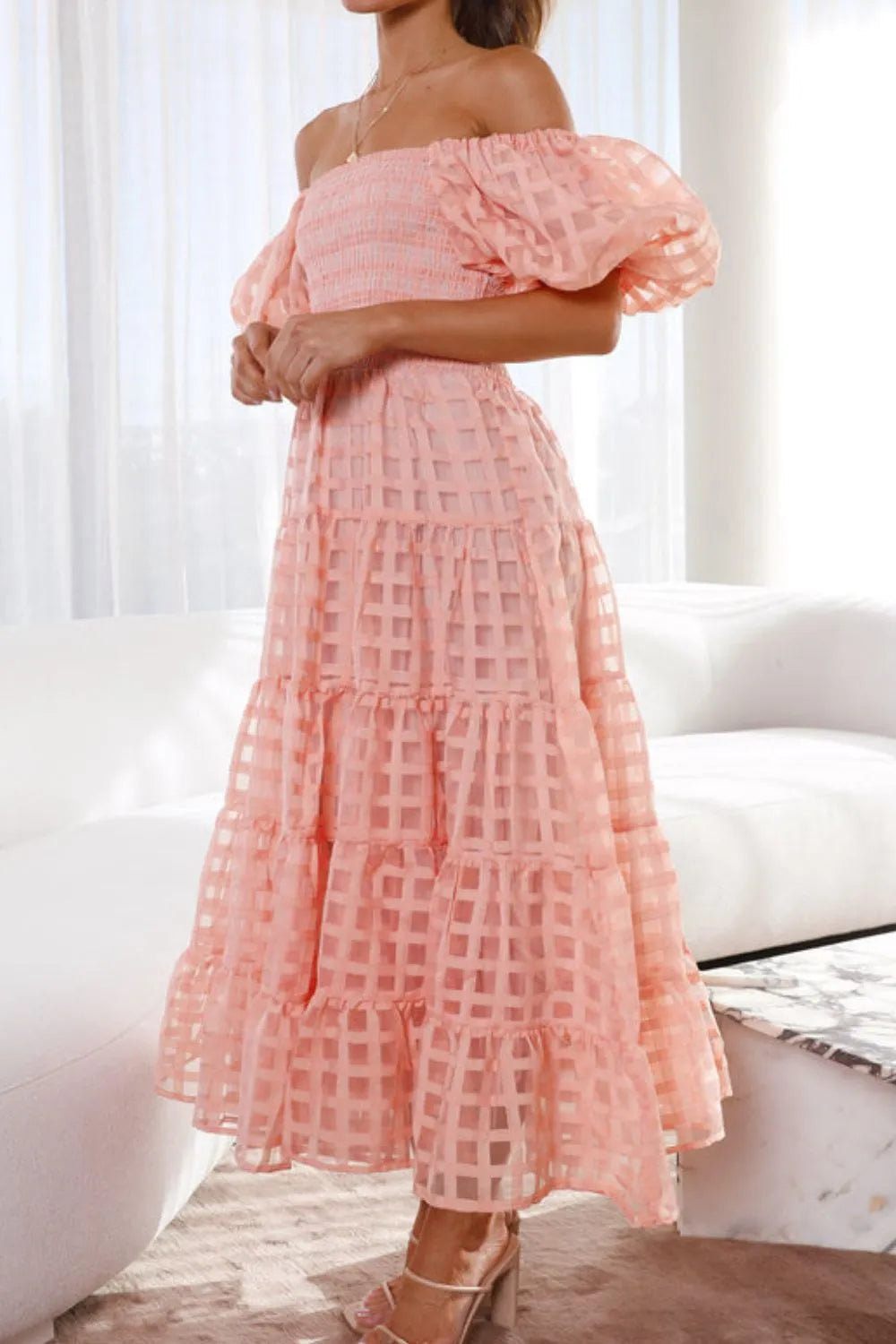 Off Shoulder Short Puff Sleeve Midi Dress.