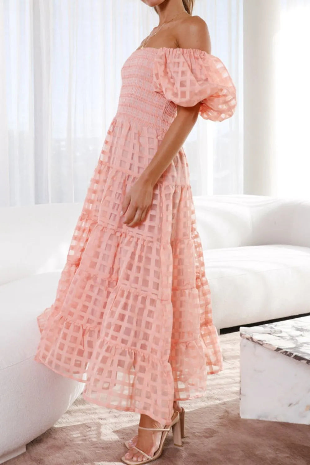 Off Shoulder Short Puff Sleeve Midi Dress.