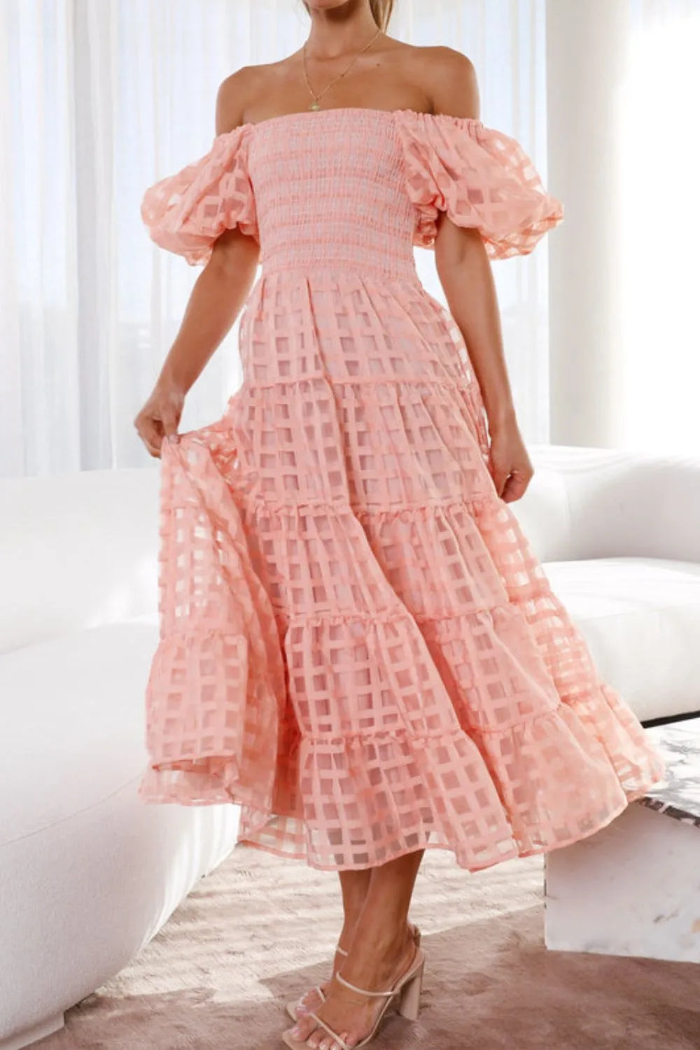 Off Shoulder Short Puff Sleeve Midi Dress.