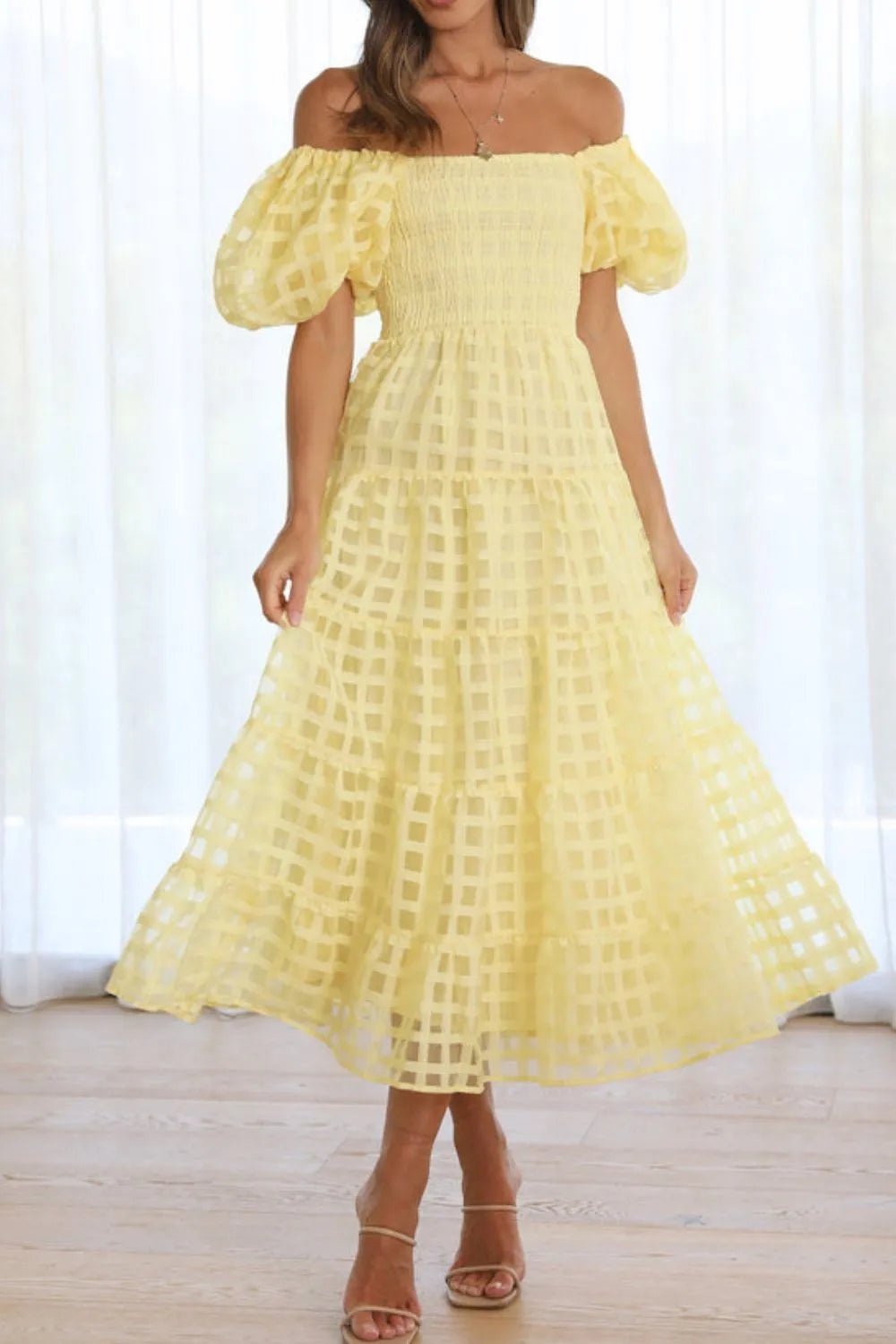 Off Shoulder Short Puff Sleeve Midi Dress.