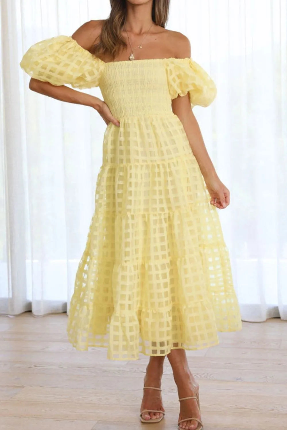 Off Shoulder Short Puff Sleeve Midi Dress.