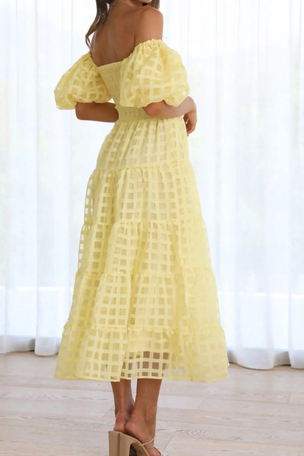 Off Shoulder Short Puff Sleeve Midi Dress.