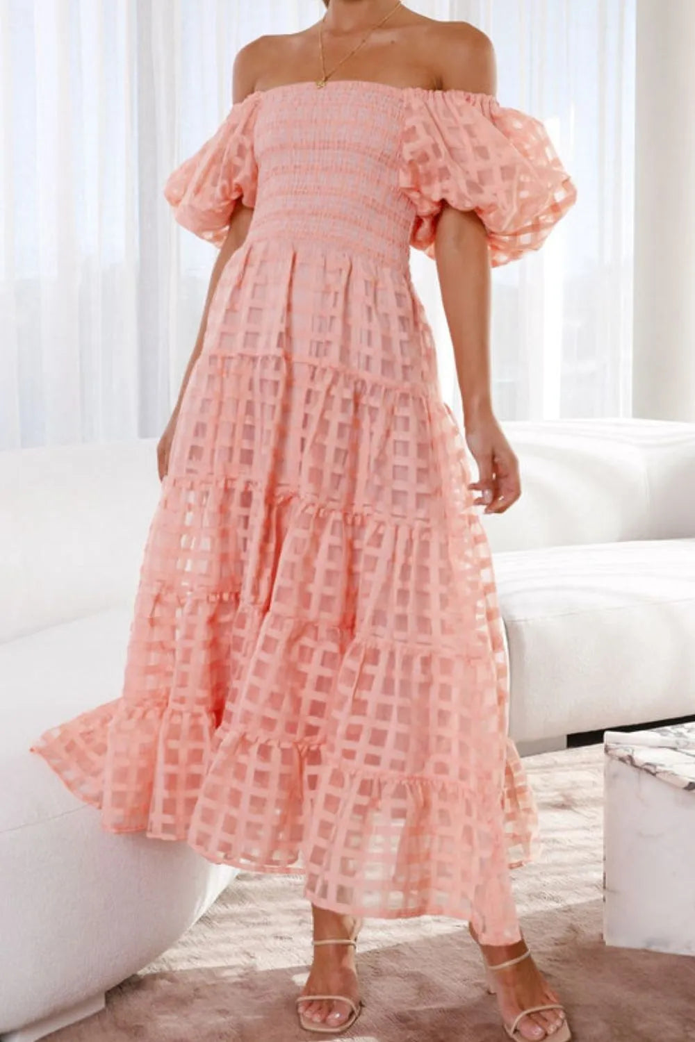Off Shoulder Short Puff Sleeve Midi Dress.