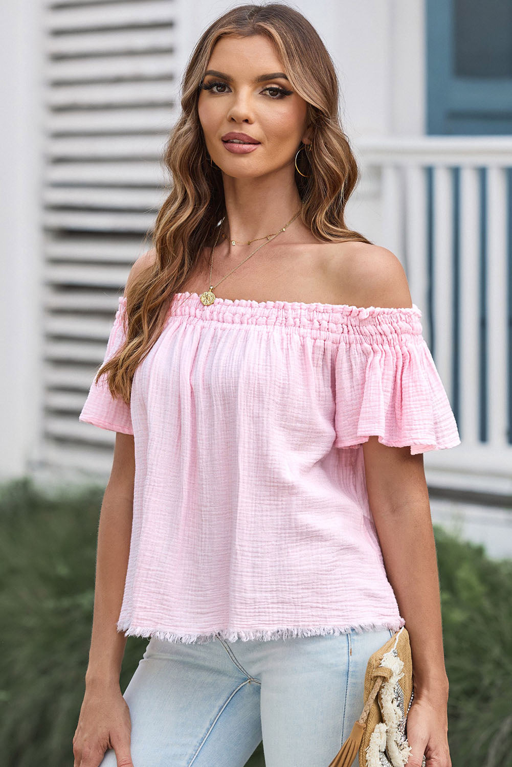 Off-Shoulder Short Sleeve Blouse.