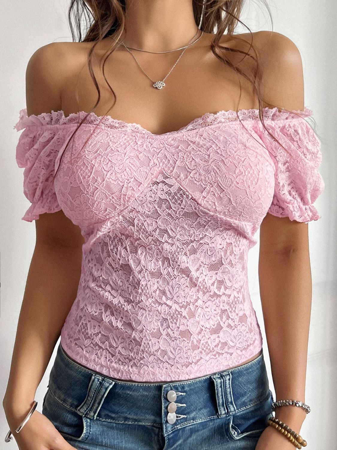 Devine Off-Shoulder Short Sleeve Lace Top.