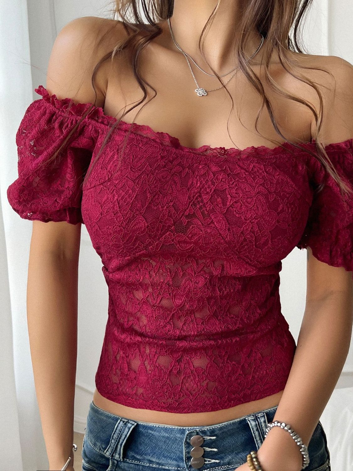 Devine Off-Shoulder Short Sleeve Lace Top.