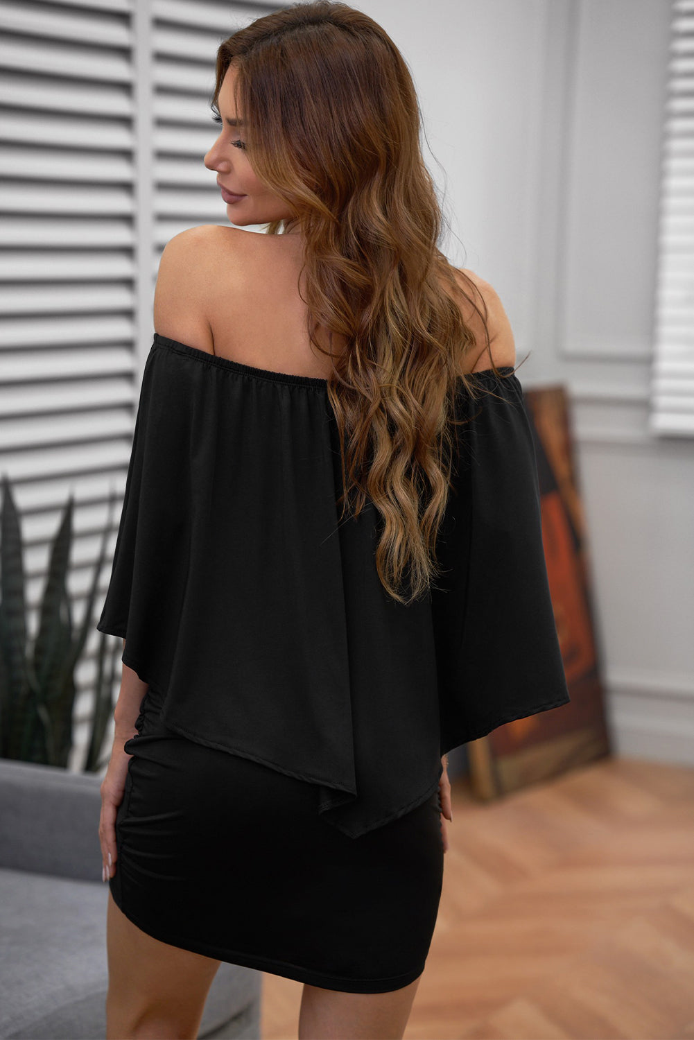 Off-Shoulder Three-Quarter Sleeve Mini Dress.