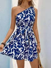 One Shoulder Floral Print Mini Dress.