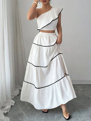 One-Shoulder Ruffle Top and Skirt Two-Piece Set.