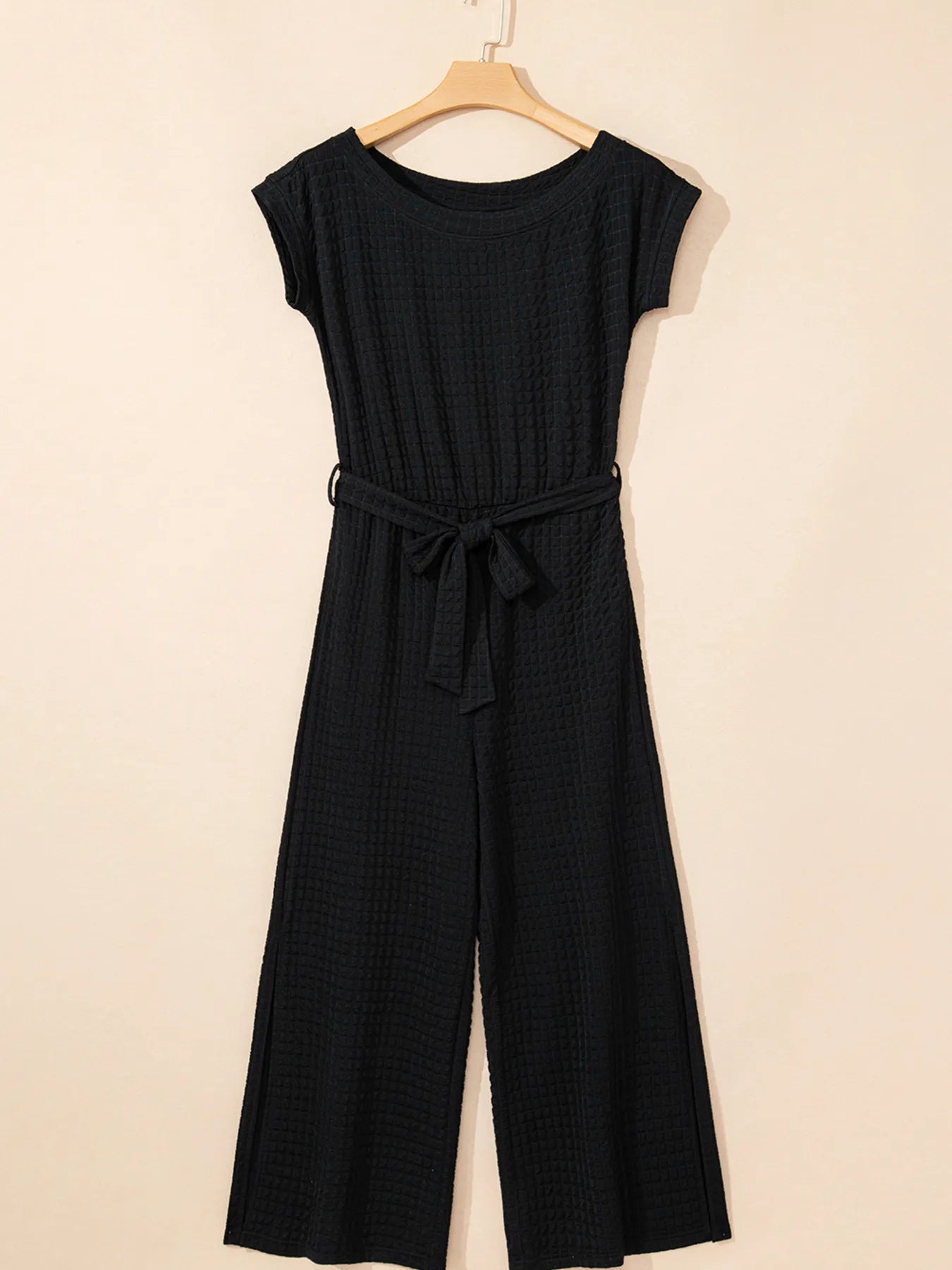 One Shoulder Short Sleeve Knotted Waist Jumpsuit