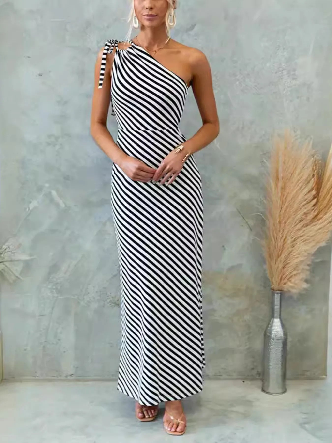 One Shoulder Striped Maxi Dress.