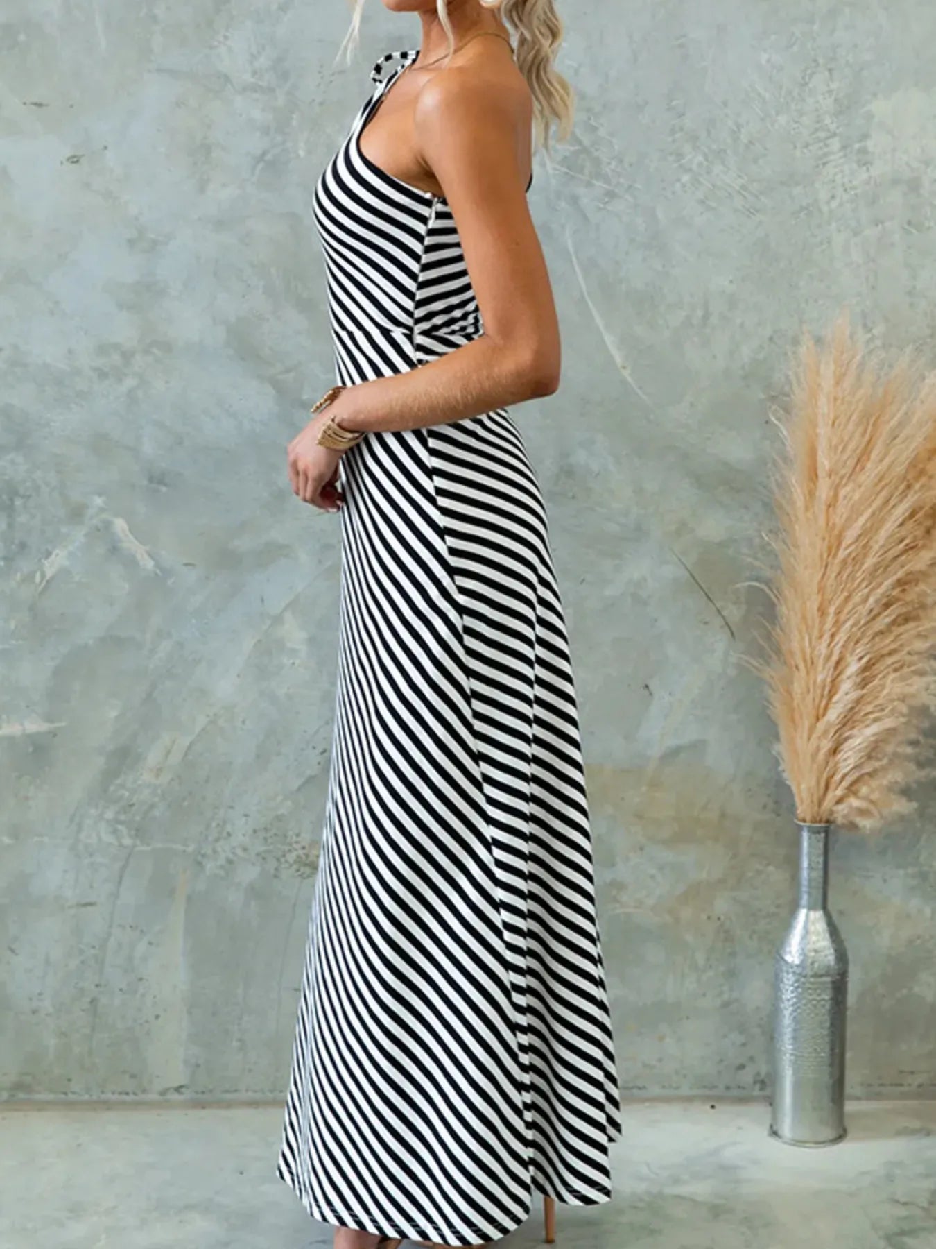 One Shoulder Striped Maxi Dress.
